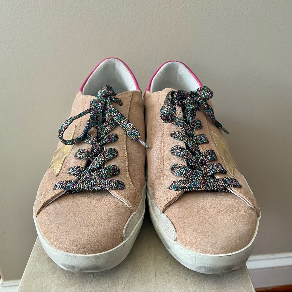 Golden Goose Superstar Nude Suede Gold Star Pink Heel Confetti Laces NEW IN BOX - Picture 5 of 13